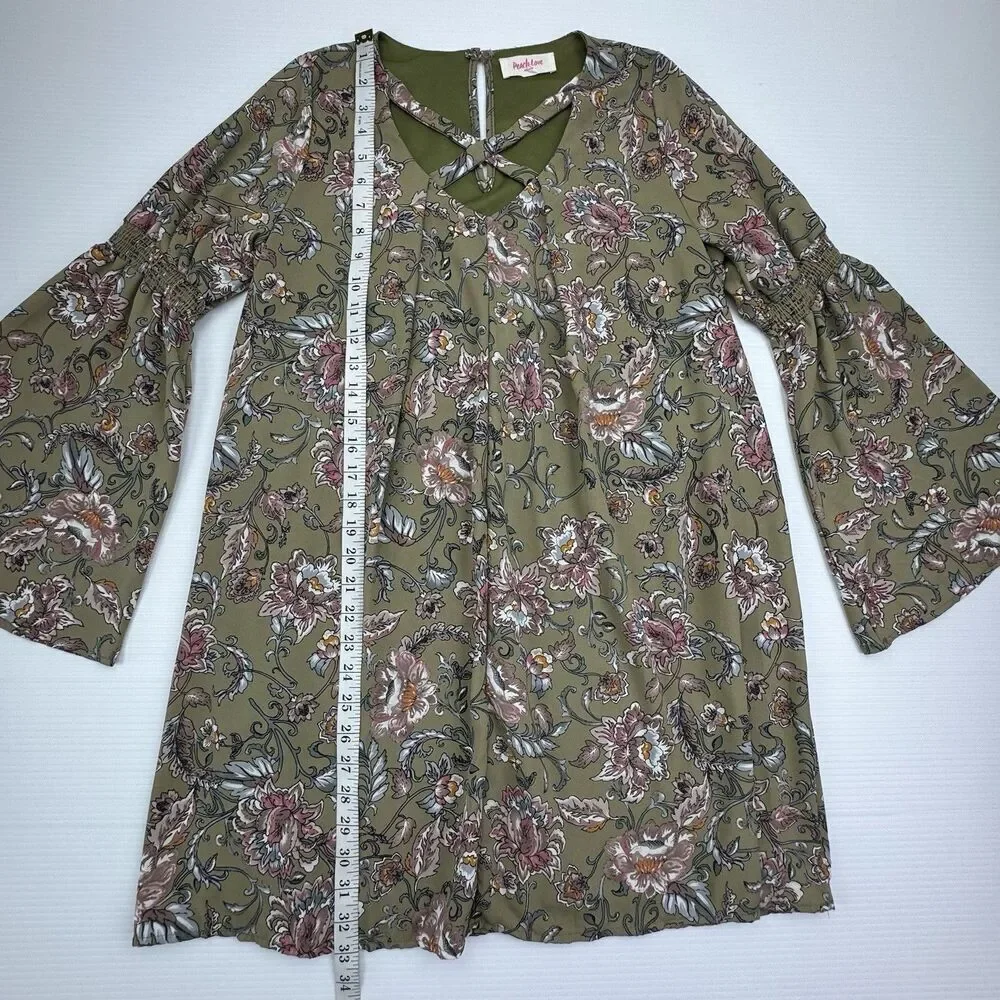 Peach Love Green Floral Boho Bell Sleeve Tunic Dress Small